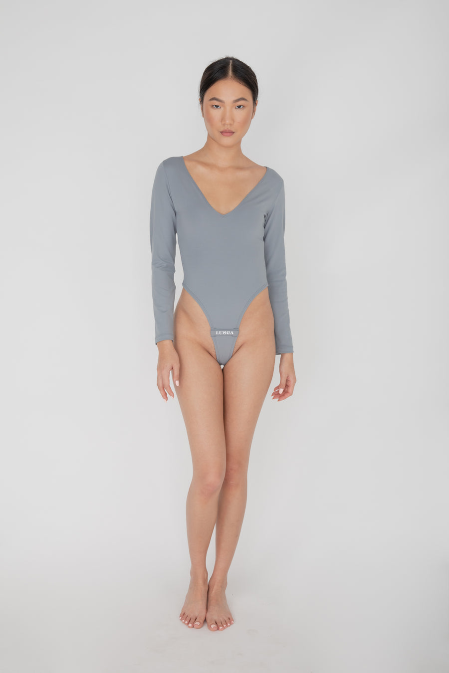 Grey Textured Cotton Stretch Thong Bodysuit